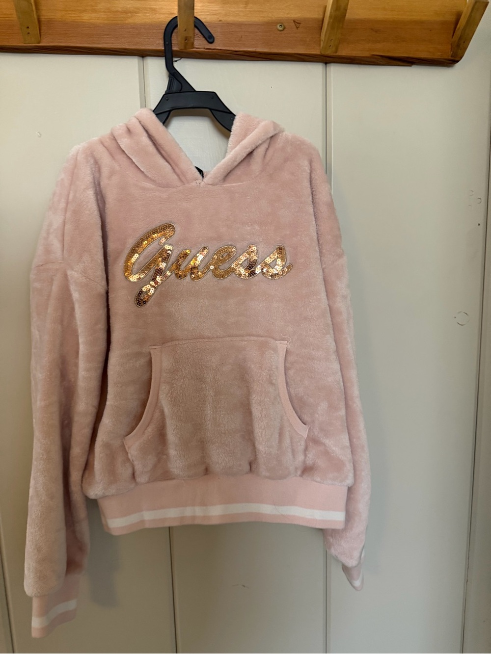 Guess Kids Girls Size 14 Pink Faux Fur Sequin Logo Plush Hoodie